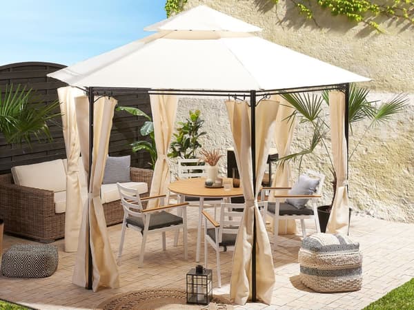 Havepavillon Beige Sort Polyester Stål Metalramme 270 x 350 cm Sekskantet Oval Partytelt UV Vejrbestandig til Have Terrasse Nonwood Havemøbel