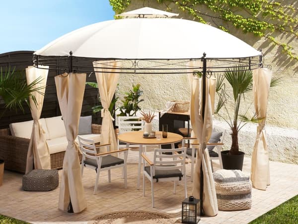 Pavillion Beige Sort Polyester Stålramme ø 360 cm Rund Havepavillon med Gardiner til Terrasse Udendørs Festtelt Vandtæt Design