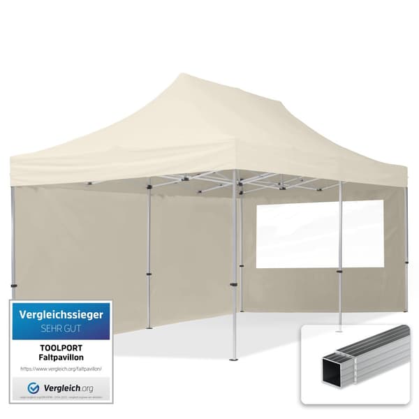 pop-up tält snabbtält 3x6 m - 2 sidodelar hopfällbart tält aluminium paviljong (certifierad) party lusthus crème tak