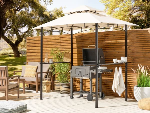 Paviljonki beige 240 x 245 x 148 cm teräs polyesteri hyllyt ripustuskoukut puutarhakatos moderni
