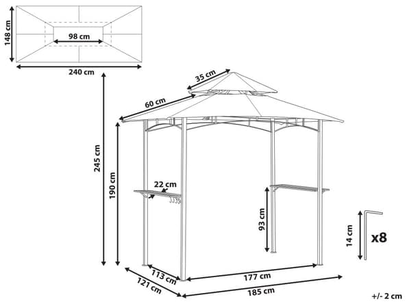 Havepavillon Mørkegrønt stof Sort Stål 240 x 148 cm Metalramme Baldakin med kroge og hylder Havepavillon