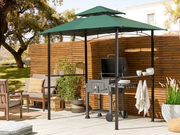 Havepavillon Mørkegrønt stof Sort Stål 240 x 148 cm Metalramme Baldakin med kroge og hylder Havepavillon