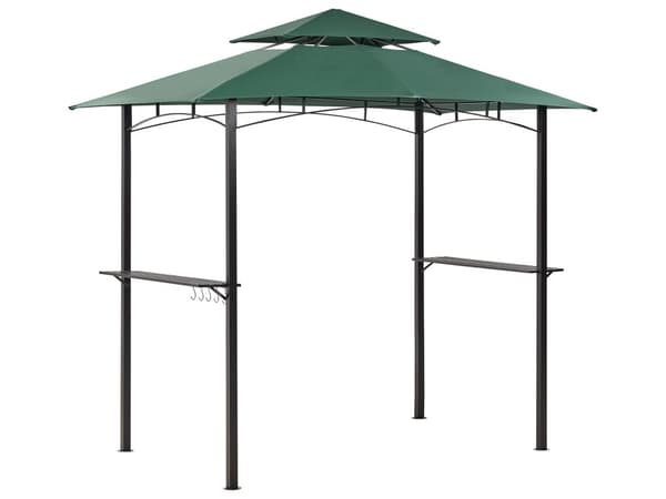 Havepavillon Mørkegrønt stof Sort Stål 240 x 148 cm Metalramme Baldakin med kroge og hylder Havepavillon