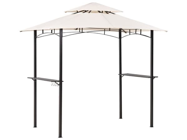 Havepavillon Beige Stof Sort Stål 240 x148 cm Metalramme Baldakin med kroge og hylder Havepavillon