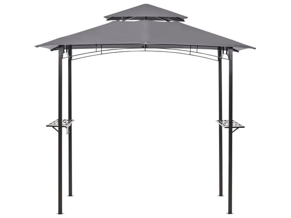 Lysthus Grå Stoff Svart Stål 240 x 148 cm Metallramme Baldakin med kroker og hyller Hagepaviljong