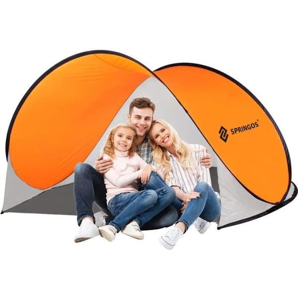 Strandtält - SPRINGOS - ihopfällbart 200x120cm - glasfiber - grå och orange - pop-up