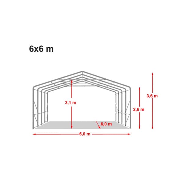 Tälthall 6x6 m - 2,7 m sidohöjd med 4,1x2,9 m port, PVC brandsäker