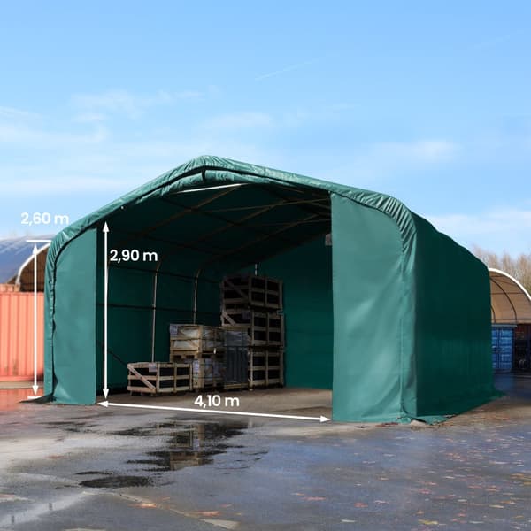 Tälthall 6x6 m - 2,7 m sidohöjd med 4,1x2,9 m port, PVC brandsäker