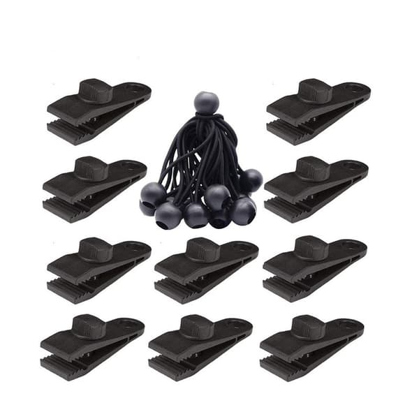 INF 10-pack utomhus återanvändbara campingtältklämmor kit med elastiskt rep Svart
