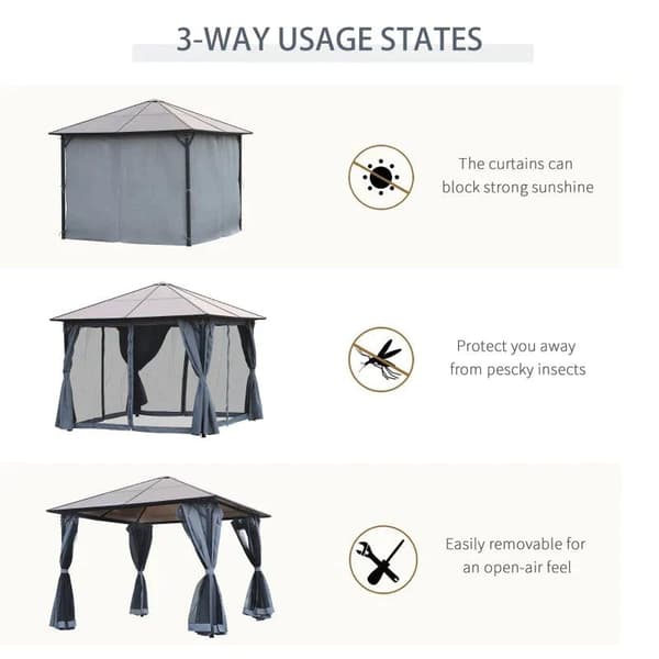 Rootz Gazebo - Trädgårdspaviljong - Festtält med sidopaneler - PC-tak - Aluminium - Mörkgrå - 300L x 400W x 265H cm
