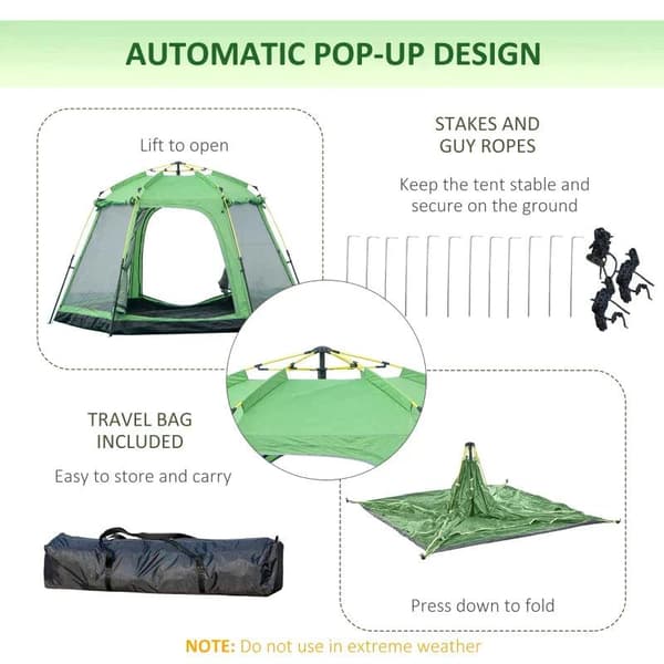 Rootz Telt - 6 Person Telt - Pop Up Camping Telt - Camping Telt - 2-lags Design Backpacking Telt - Med 4 Vinduer 2 Døre - Grøn - 320 x 320 x 180 cm