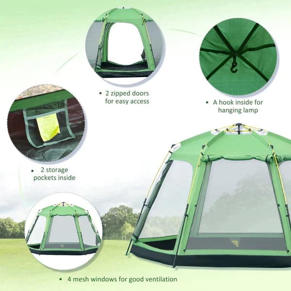 Rootz Telt - 6 Person Telt - Pop Up Camping Telt - Camping Telt - 2-lags Design Backpacking Telt - Med 4 Vinduer 2 Døre - Grøn - 320 x 320 x 180 cm