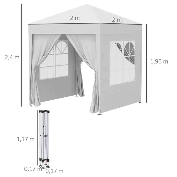 Rootz Pop Up Pavillon - Foldepavillon - 4 sidevægge med vinduesdør med lynlås - Marquee Havetelt - Bæretaske - Metal - Oxford - Hvid - 2x2m