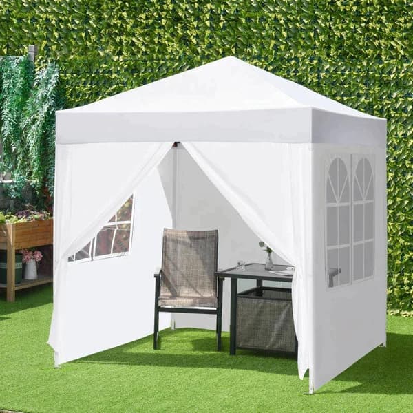 Rootz Pop Up Pavillon - Foldepavillon - 4 sidevægge med vinduesdør med lynlås - Marquee Havetelt - Bæretaske - Metal - Oxford - Hvid - 2x2m