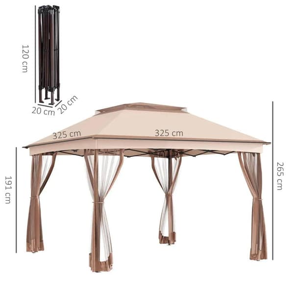 Rootz Gazebo - Fällbart lusthus - Sidoväggar - Festtält - Transportväska - Khaki/Brun - 3,25 X 3,25 X 2,65 M