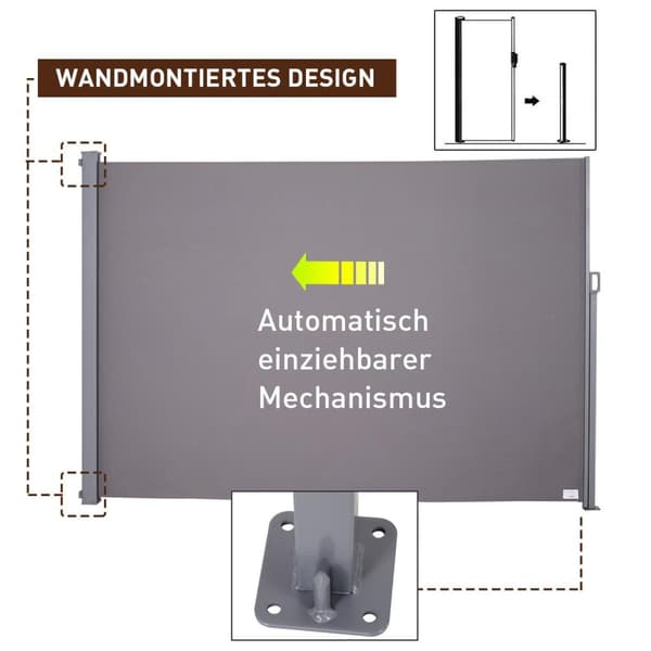 Rootz New Side Markise Privacy Screen Solbeskyttelse - Grå - Aluminium, Polyester, Metal - 118,11 cm x cm x 78,74 cm