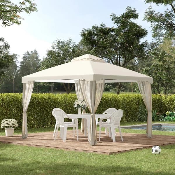 Rootz Gazebo - Trädgårdspaviljong - Paviljongtält - Festtält - Med 4 X sidovägg - Väderbeständig - Metall/Polyester - Krämvit - 2,94 x 2,94 x 2,65 m