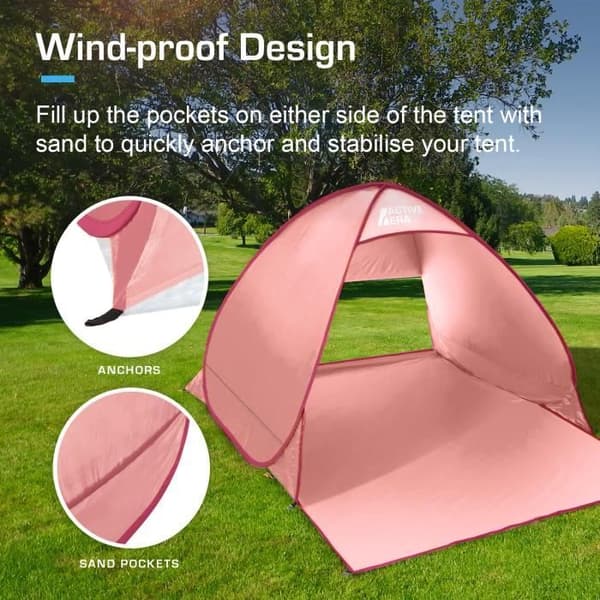 Active Era Deployable Pop Up Beach tält, UV-solskydd UPF 50+, 2-3 personer, med bärväska och stakar - Rosa