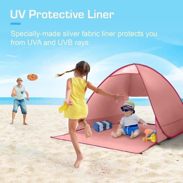 Active Era Deployable Pop Up Beach tält, UV-solskydd UPF 50+, 2-3 personer, med bärväska och stakar - Rosa