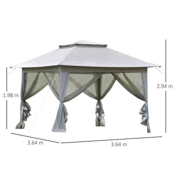 Rootz Folding Pavilion - Pop-up Tent - Garden Pavilion - Roller Bag - Steel + Oxford + Mesh - Grey - 3.64 x 3.64 x 2.94 m