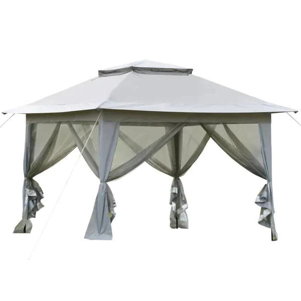 Rootz Folding Pavilion - Pop-up Tent - Garden Pavilion - Roller Bag - Steel + Oxford + Mesh - Grey - 3.64 x 3.64 x 2.94 m