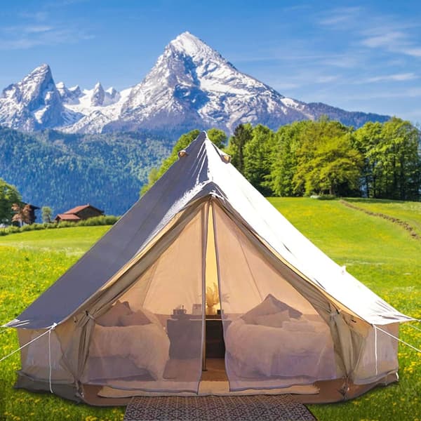 3-5 personer Ø3m 4-säsonger klockformat campingtält i bomullscanvas med spisuttag, vatten- och vindtätt, andas och bitsäker