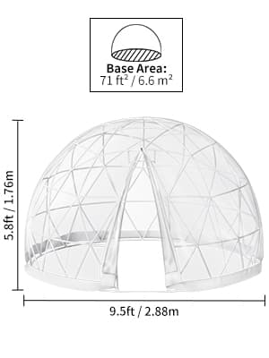 9,5ftx9,5ftx5,8ft genomskinligt bubbeltält med ventilation, högkvalitativa material, stort inre utrymme, vindtät, vattentät, bra stabilitet
