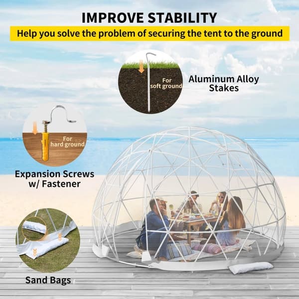 12ftx12ftx7,2ft genomskinligt bubbeltält med ventilation, högkvalitativa material, stort inre utrymme, vindtät, vattentät, bra stabilitet