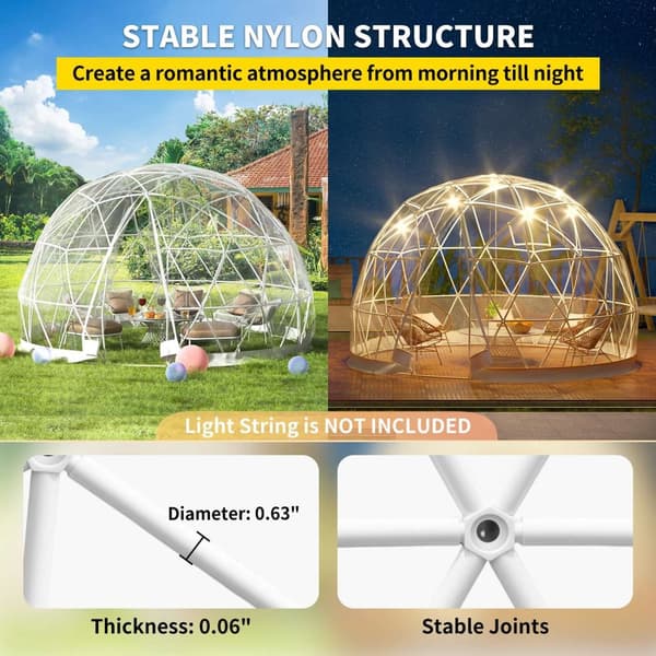 12ftx12ftx7,2ft genomskinligt bubbeltält med ventilation, högkvalitativa material, stort inre utrymme, vindtät, vattentät, bra stabilitet