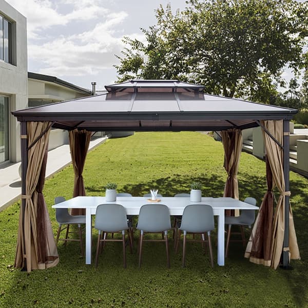3x3,6m uteplats lusthus med dubbelt PVC-tak, multifunktionell altanmarkis med stort utrymme, avtagbara gardiner, lättmonterad
