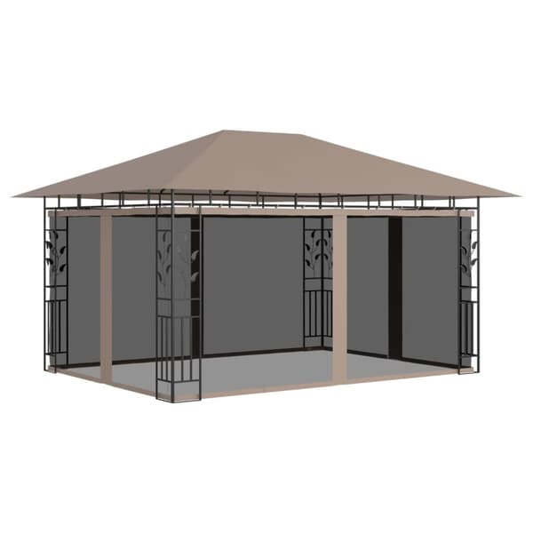 pavillon med myggenet + LED-lyskæder 4x3x2,73 m gråbrun