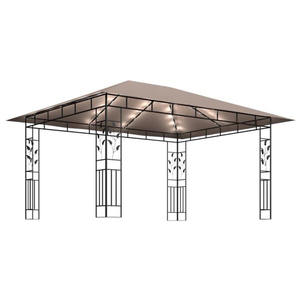 pavillon med myggenet + LED-lyskæder 4x3x2,73 m gråbrun