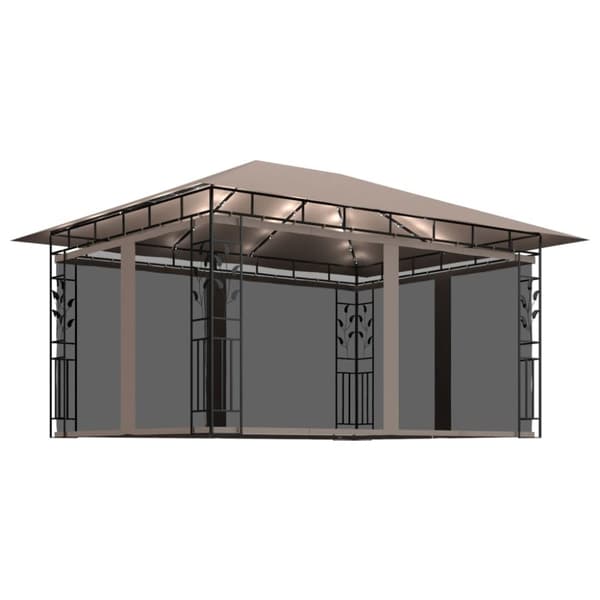 pavillon med myggenet + LED-lyskæder 4x3x2,73 m gråbrun