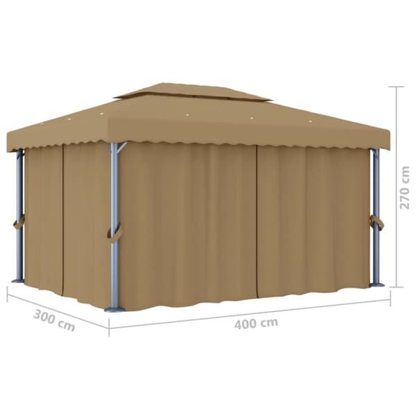 Paviljong med draperi 4x3 m taupe aluminium