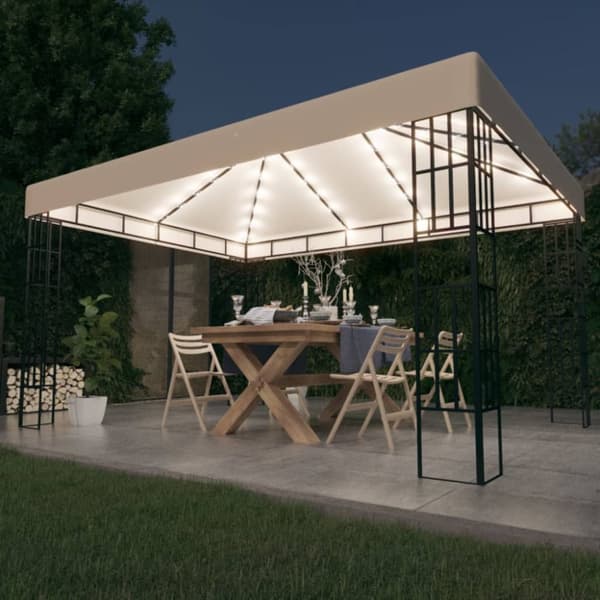 pavillon med LED-lyskæder 3x4 m cremefarvet