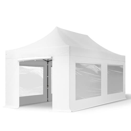 3x6 m snabbtält PVC brandsäker med sidodelar (panoramafoenster), stal PREMIUM, vit