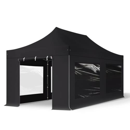 3x6 m snabbtält PVC brandsäker med sidodelar (panoramafoenster), stal PREMIUM, svart