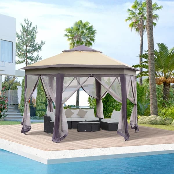 Rootz Garden Gazebo - Fällbart lusthus - Pop-up tält - Partytält inklusive bärväska - 6 sidopaneler - Dubbeltak - Sexkantig - Kaffe + Beige - 405L x 3