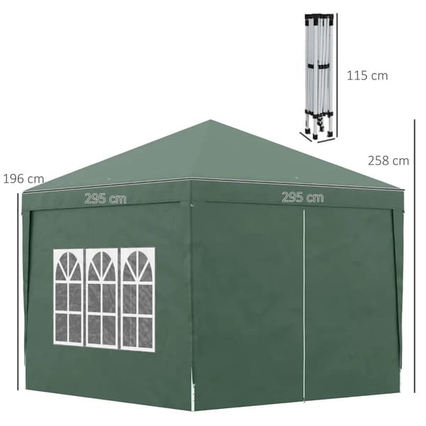 Rootz Camping Gazebo - Bröllopsfest - Canopy Tent Marquee - Pop Up Gazebo - Bärväska - Fönster - Stålram - Grön - 2,95 x 2,95 m x 2,58 m