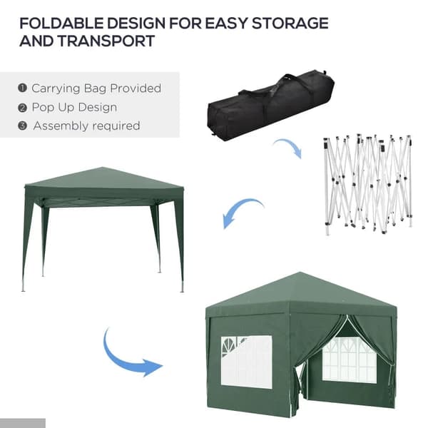 Rootz Camping Gazebo - Bröllopsfest - Canopy Tent Marquee - Pop Up Gazebo - Bärväska - Fönster - Stålram - Grön - 2,95 x 2,95 m x 2,58 m
