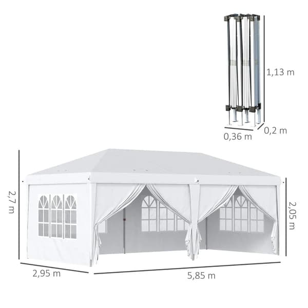 Rootzin kokoontaitettava huvimaja - Irrotettavat sivupaneelit - Suuret ikkunat - Vetoketjulliset ovet - Teräskehys - Valkoinen - 585cm x 295cm x 270cm