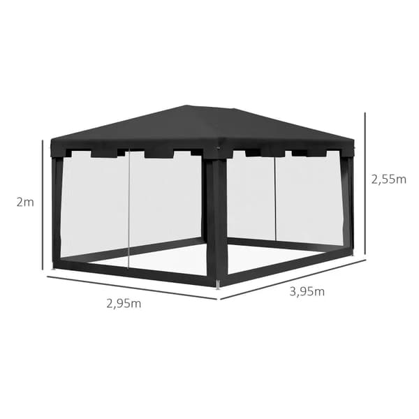 Rootz Gazebo - Havetelt - 3 X 3 M Gazebo - Fastgørelsesreb - Vejrbestandig - Sammenfoldelig - Metal-Polyethylen - Sort - 395cm X 295cm X 255cm