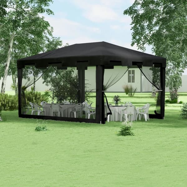 Rootz Gazebo - Havetelt - 3 X 3 M Gazebo - Fastgørelsesreb - Vejrbestandig - Sammenfoldelig - Metal-Polyethylen - Sort - 395cm X 295cm X 255cm