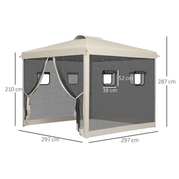 Rootz Folding Gazebo - Höjdjusterbar - Mesh Gardiner - Markspikar - Bärväska - Metallram - Stål - Oxford Polyester - Beige - 297L x 297W x 287H cm
