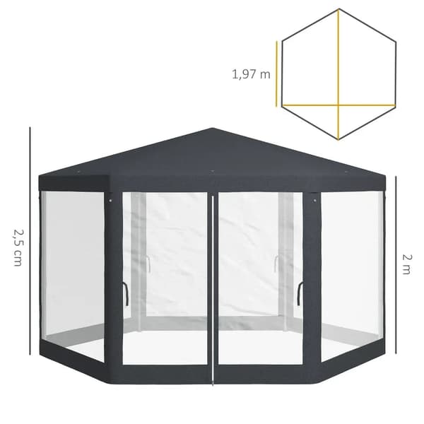 Rootz Gazebo - Havepavillon - Sekskantet - Jordspyd - Mesh Gardiner - Metalramme - Polyester - Metal - Mørkegrå - L394 x B341,2 x H250 cm