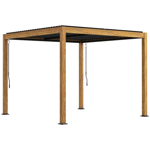 Rootz Pergola - Havepavillon - Lameltag - Håndsving - Jordspyd - Aluminium - Træ - Aluminium - Sort - Naturlig - 297L x 297W x 228H cm