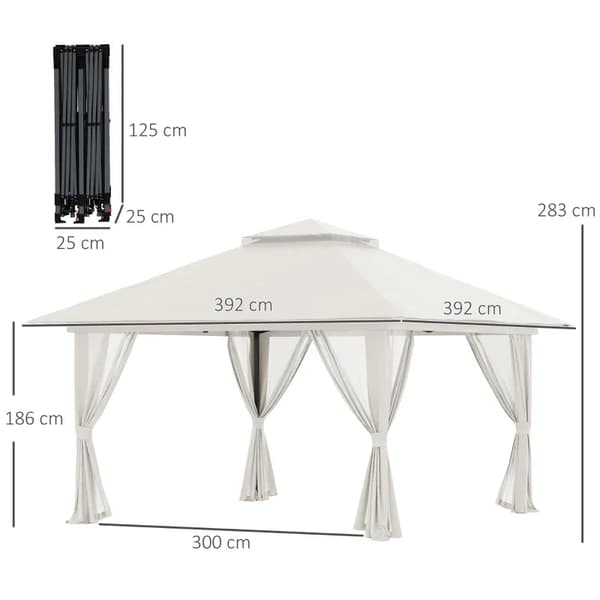 Rootz Foldepavillon - Højdejusterbar - 4 netvægge - Ventilationstag - Bæretaske - Hurtig montering - Cremehvid - 4 x 4 x 3 m