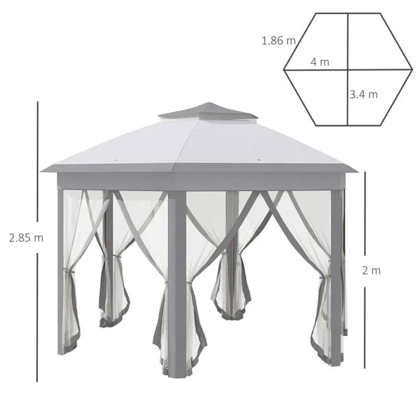 Rootz Foldepavillon - Hexagon Design - Mesh Gardiner - Vandtæt - Ventilationstag - Grå + Hvid - 405cm x 405cm x 285cm