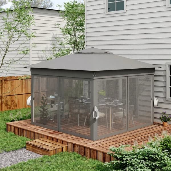 Rootz Havetelt - Gazebo - Solcelledrevet - Jordspyd - Bæretaske - LED'er Havetelt - Stål - Oxford stof - Grå - 336 Cm X 336 Cm X 270 Cm
