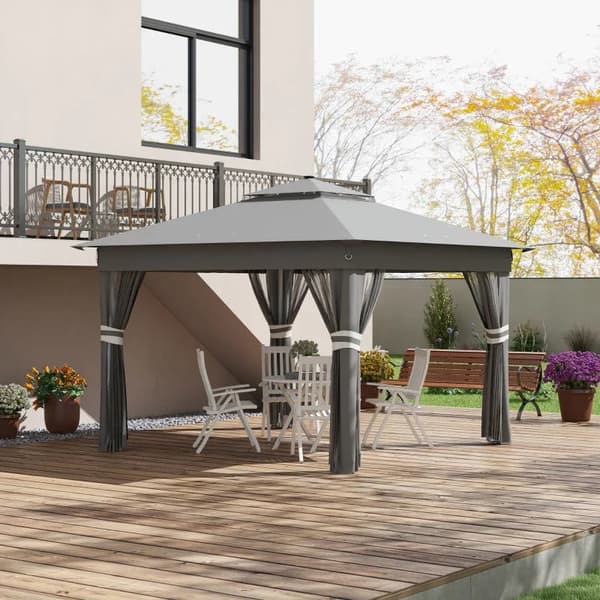 Rootz Havetelt - Gazebo - Solcelledrevet - Jordspyd - Bæretaske - LED'er Havetelt - Stål - Oxford stof - Grå - 336 Cm X 336 Cm X 270 Cm